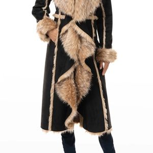 Fabulous Furs Cascade Faux Suede Faux Fur Trim Full length Coat